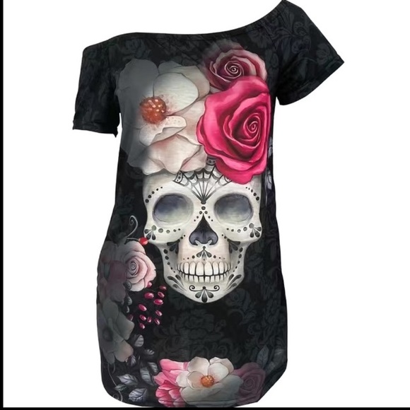 None Dresses & Skirts - NEW Off Shoulder Short Sleeve Skull And Flowers Tunic Top/Dress